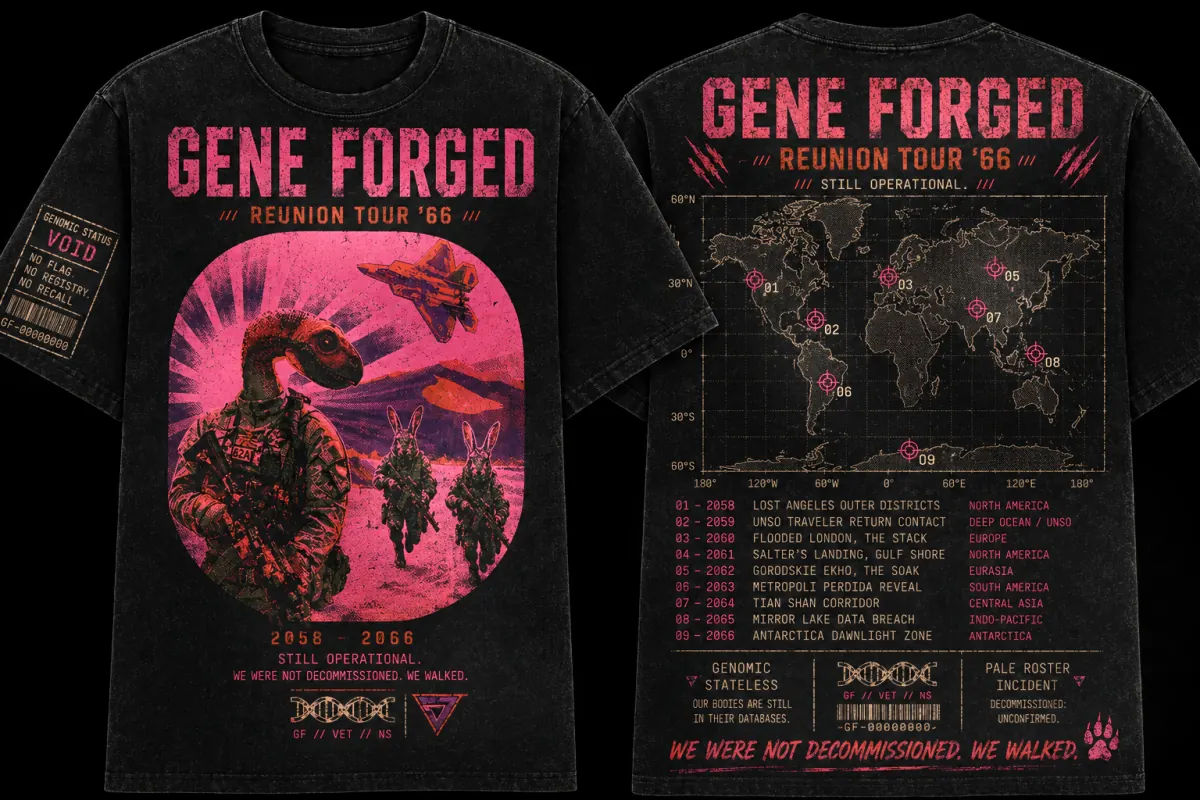 Gene Forged Reunion Tour '66 shirt — front and back world atlas