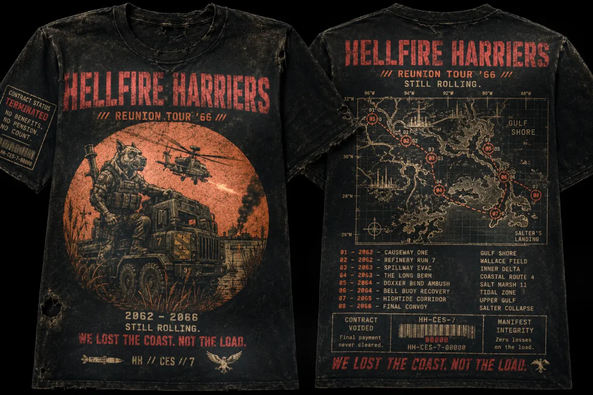 Hellfire Harriers reunion tour shirt — front and back map