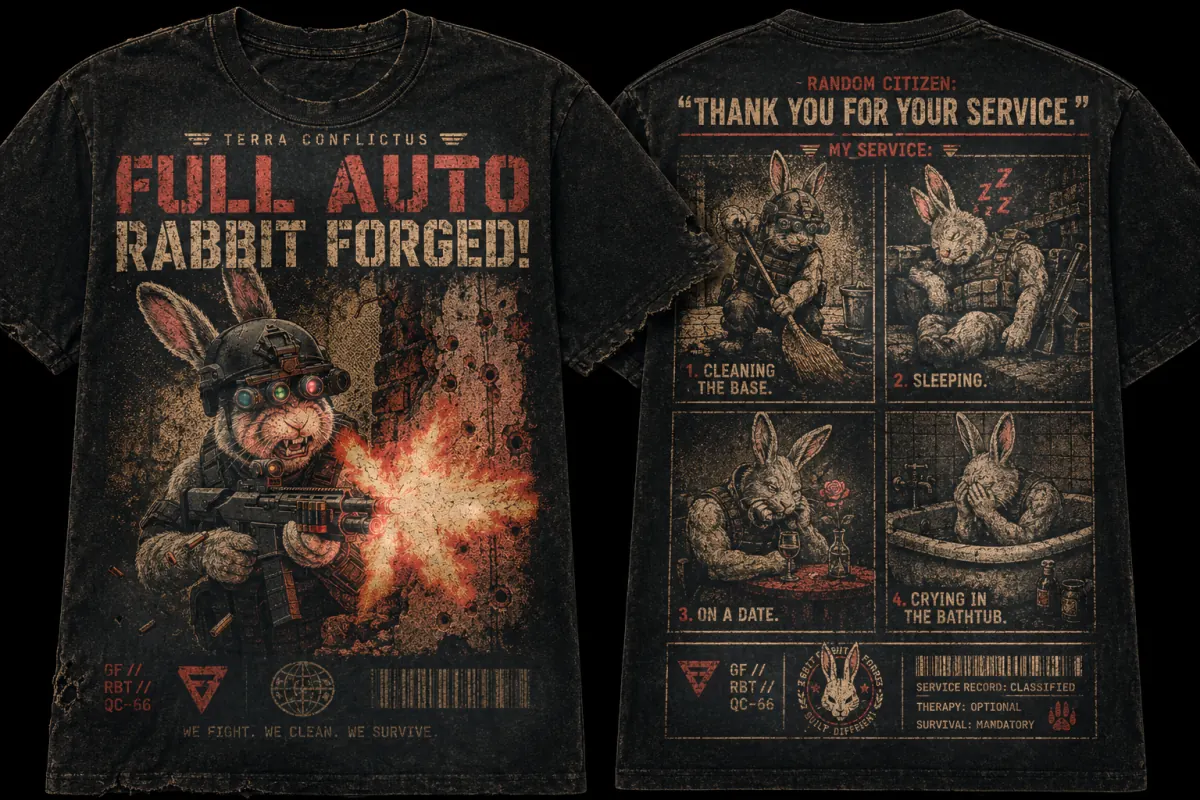 Full Auto Rabbit Forged service-record tour shirt — front and back
